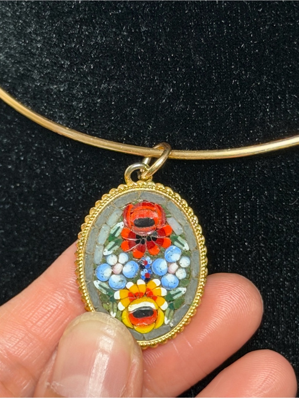 Gold-Tone Floral Micro Mosaic Pendant Necklace - Red & Blue